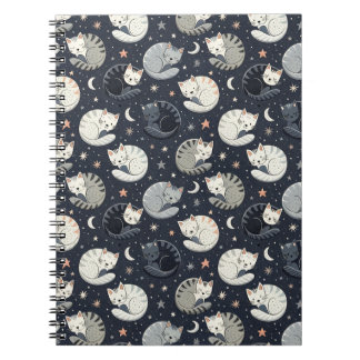 Caderno Espiral Padrão Noturno Estrelado de Gatos Adormecidos - De