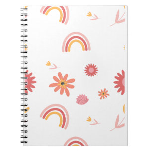Caderno Espiral Padrão Pastel Floral e Arco-íris Fofo