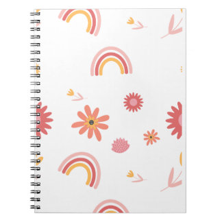 Caderno Espiral Padrão Pastel Floral e Arco-íris Fofo