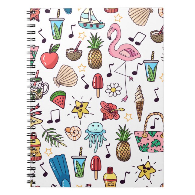 Caderno Espiral Padrão perfeito com elementos de verão. ilustração (Frente)