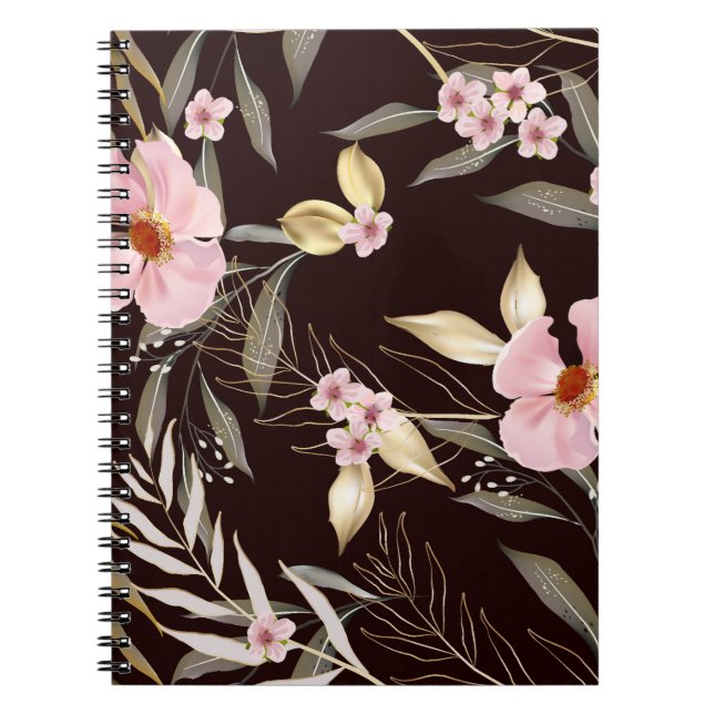 Caderno Espiral Padrão perfeito de vindima com folhas de ouro. Exó (Frente)