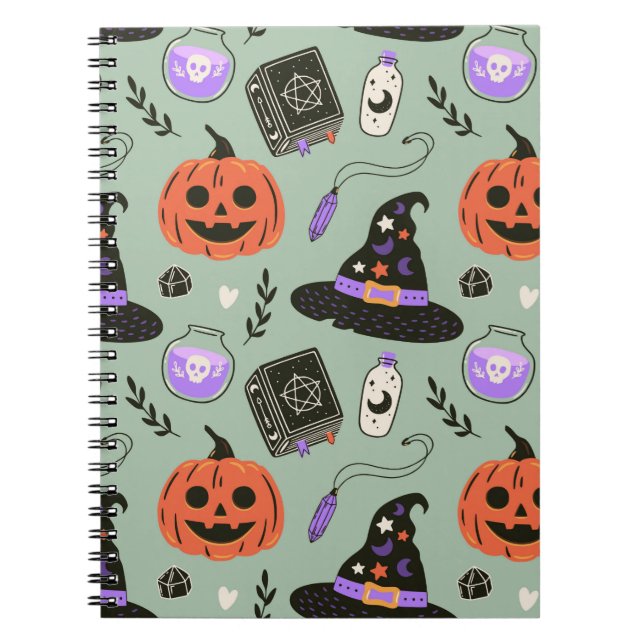 Caderno Espiral Padrão perfeito do Halloween com chapéu de bruxa,  (Frente)