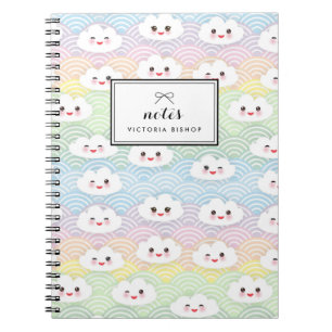Caderno Espiral Padrão Personalizado de Nuvens Kawaii Pastel Color