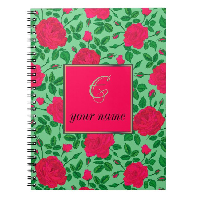Caderno Espiral padrão personalizado de rosas e botões cor-de-rosa (Frente)