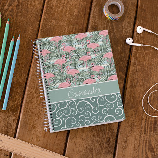 Caderno Espiral Padrão Personalizado Fofo de Flamingos Rosa Folhas