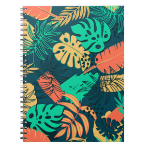 Caderno Espiral Padrão plano trópico desenhado à mão. Palma deixa 