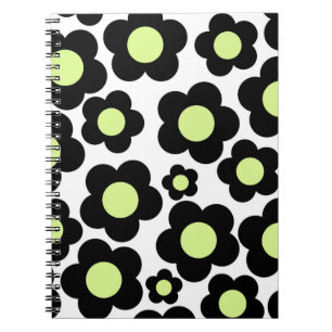 Caderno Espiral Padrão Preto de Flor de Hippie Verde Neon