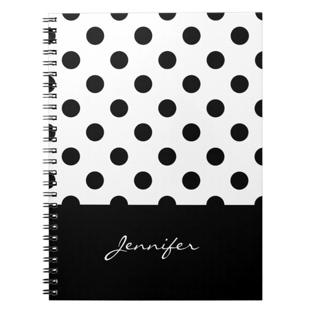 Caderno Espiral Padrão Preto e Branco de Bolinhas com Nome (Frente)