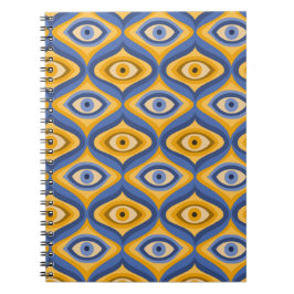 Caderno Espiral Padrão psicodélico de olho azul índigo amarelo