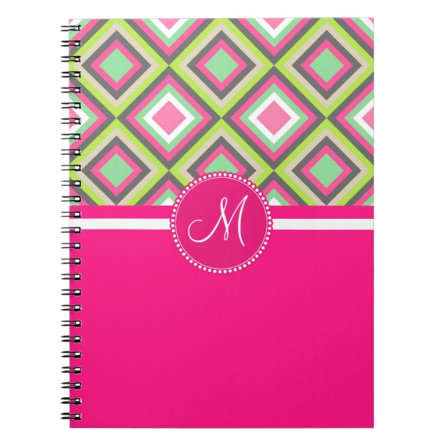 Caderno Espiral Padrão Quadrado de Ouros de Cinzas Verdes Rosa Mon (Frente)