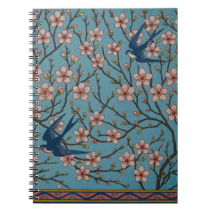 Caderno Espiral Padrão Retrô de Andorinha Floral Azul por Walter C