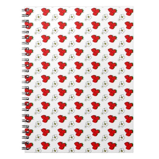Caderno Espiral Padrão Retro de Morango Vermelho e Flor (Frente)