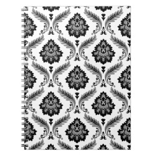 Caderno Espiral Padrão Rococó Damask Cinza Preto Branco