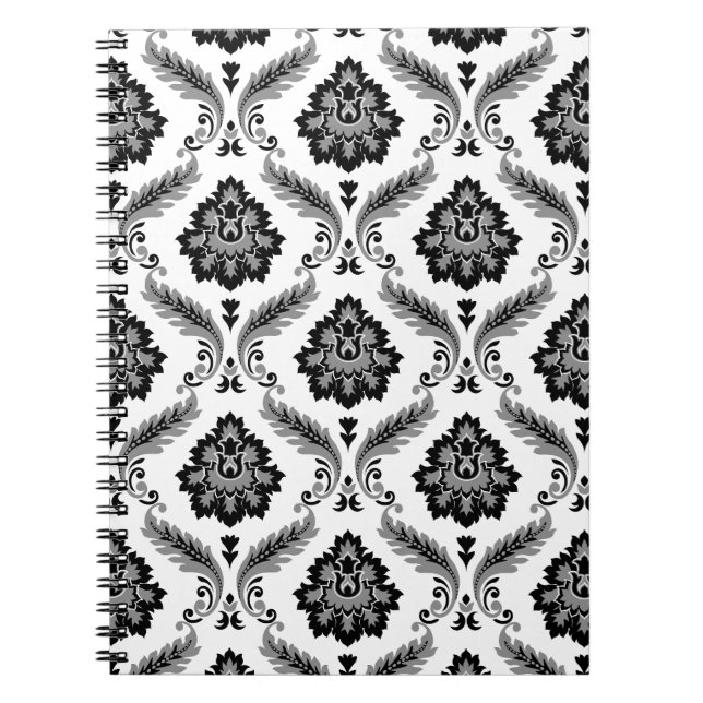 Caderno Espiral Padrão Rococó Damask Cinza Preto Branco (Frente)