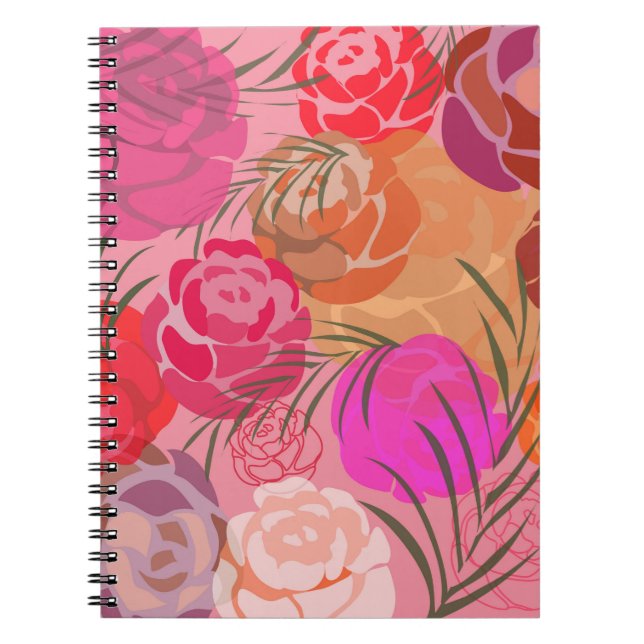 Caderno Espiral Padrão rosa com flores e plantas (Frente)