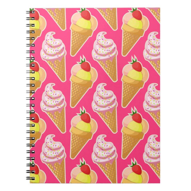 Caderno Espiral Padrão rosa Kawaii com sorvete de morango (Frente)