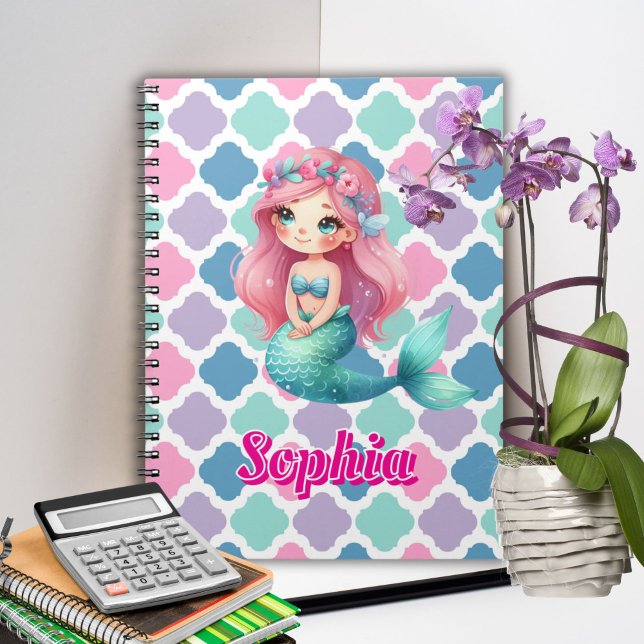 Caderno Espiral Padrão rosa Sereia Personalizado (Criador carregado)