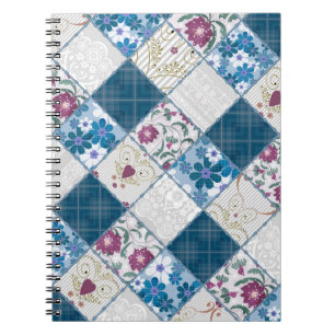 Caderno Espiral Padrão rústico de retalhos de tecido azul fashion