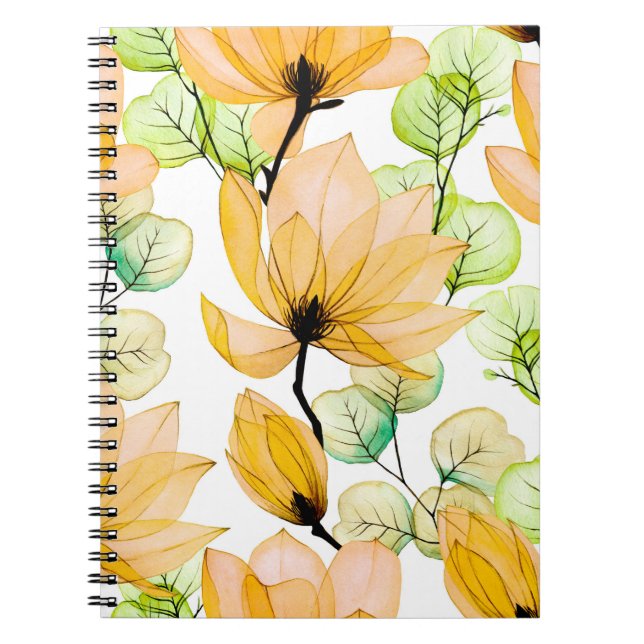 Caderno Espiral Padrão sem costura aquarela com flores magnólias  (Frente)
