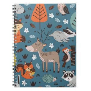 Caderno Espiral Padrão sem costura com animais da floresta em fun