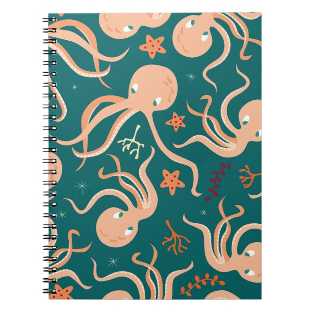 Caderno Espiral Padrão sem costura com animais oceânicos subaquáti (Frente)