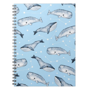 Caderno Espiral Padrão sem costura com baleias e estrelas bonitas.
