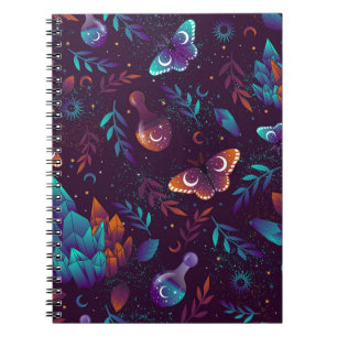 Caderno Espiral Padrão sem costura com borboleta espacial, cristai