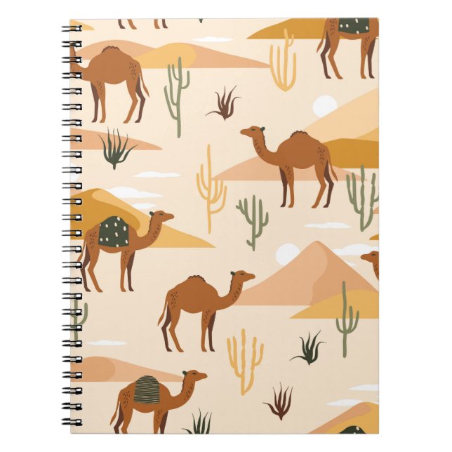 Caderno Espiral Padrão sem costura com camelos, dunas e cactos. Co (Frente)
