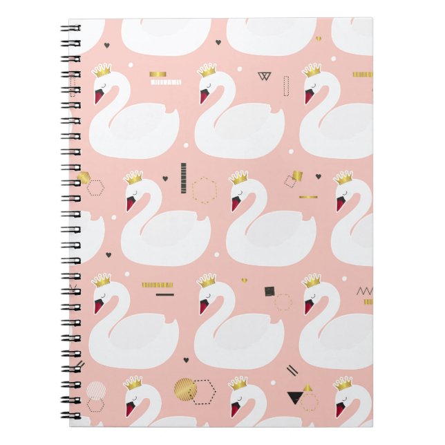 Caderno Espiral Padrão sem costura com cisnes brancas. (Frente)
