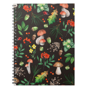 Caderno Espiral Padrão sem costura com cogumelos,loucos,folhas,bo