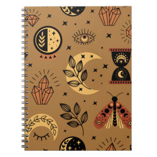 Caderno Espiral padrão sem costura com elementos mágicos