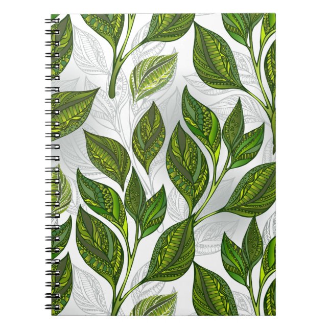 Caderno Espiral Padrão sem costura com folhas verdes de chá (Frente)