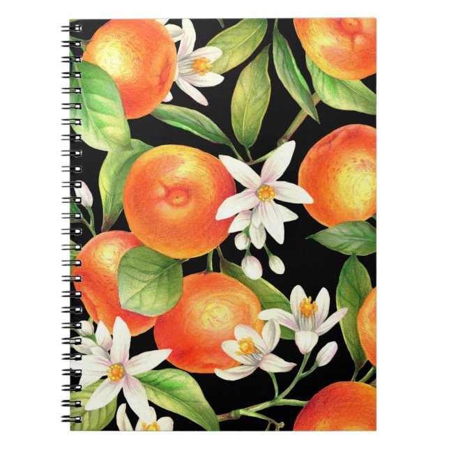Caderno Espiral Padrão sem costura com frutas de laranja, flores e (Frente)
