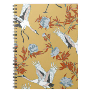 Caderno Espiral Padrão sem costura com gruas brancas japonesas e p