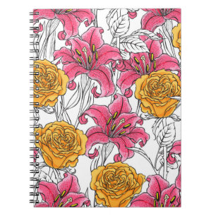 Caderno Espiral Padrão sem costura com rosas e lírios. Desenho m
