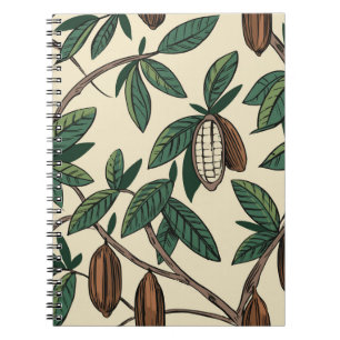 Caderno Espiral Padrão sem costura da planta de cacau. Feijão de C