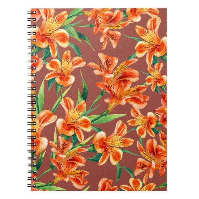 Caderno Espiral Padrão sem costura de Alstroemeria pintada em água (Frente)