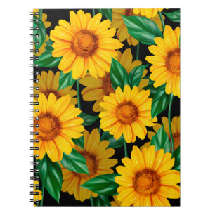 Caderno Espiral Padrão sem costura de girassol. Fundo com amarelo