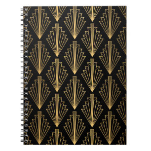 Caderno Espiral Padrão sem costura preto e fundo dourado