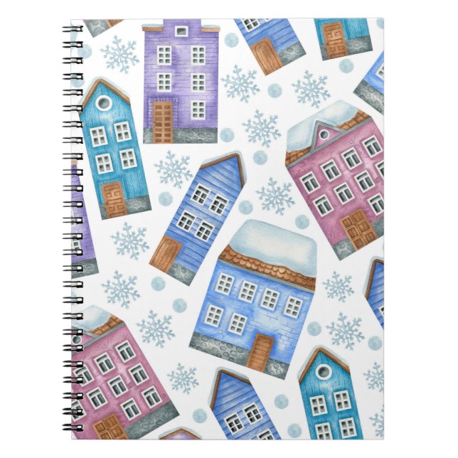 Caderno Espiral Padrão sem costura que retrata casas de inverno e  (Frente)