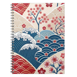 Caderno Espiral Padrão Tradicional de Onda Japonesa Vermelha e Azu