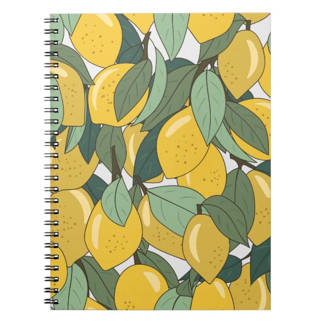 Caderno Espiral Padrão tropical com limões amarelos. (Frente)