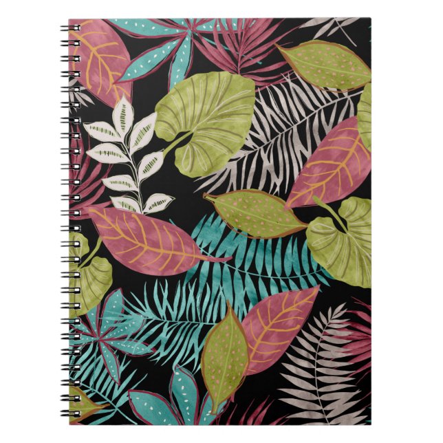 Caderno Espiral Padrão tropical feito com fundo escuro e chumbo (Frente)