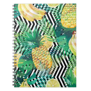 Caderno Espiral Padrão tropical sem costura com palma de limões