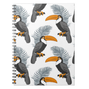 Caderno Espiral Padrão tropical uniforme com tucanos e folhas.