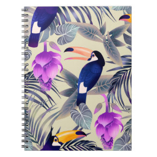 Caderno Espiral Padrão tropical uniforme com tucanos, monstro, p