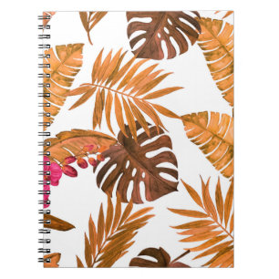Caderno Espiral Padrão uniforme de aquarela com folhas tropicais 