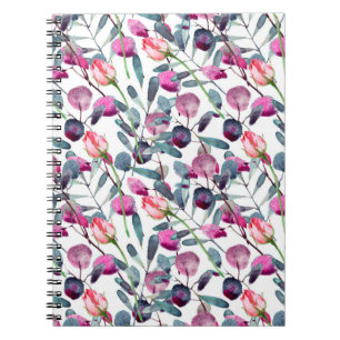 Caderno Espiral Padrão uniforme de aquarela floral. Herbáceas de
