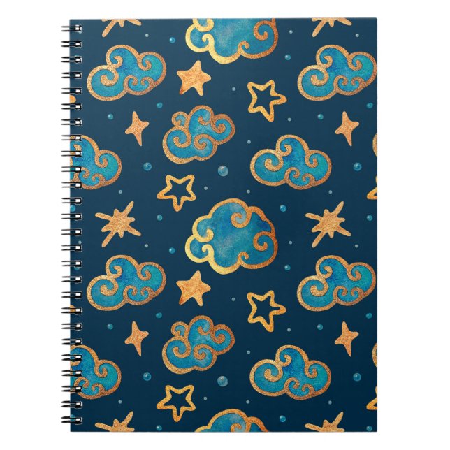Caderno Espiral Padrão uniforme de aquarelas com a lua, estrelas,  (Frente)