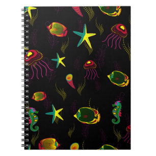 Caderno Espiral Padrão uniforme de peixe amarelo, preto e marrom.